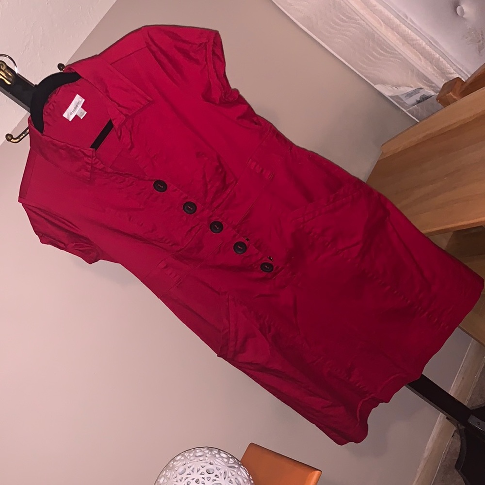 Red button up dress with front pockets
